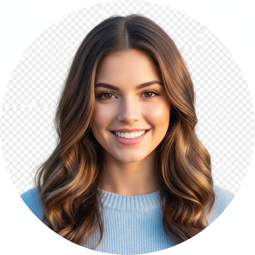A smiling young woman with long brown hair and a blue sweater is framed in a circle.