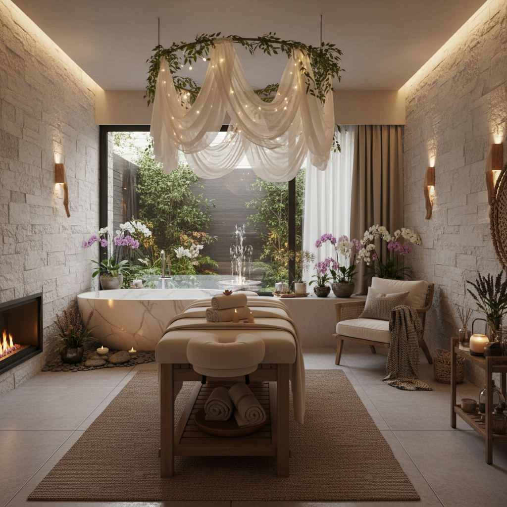 A luxury spa room features a massage table, a freestanding marble bathtub, a stone fireplace, and a large window overlooking a lush courtyard with a fountain.